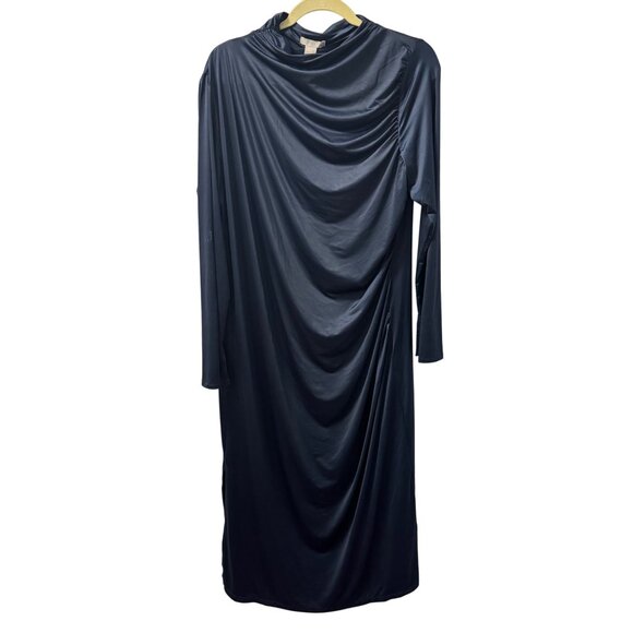 H&M Navy Long-Sleeve Draped Midi Dress Sz XXL Recycled Polyester Dress. NWT - Picture 1 of 12
